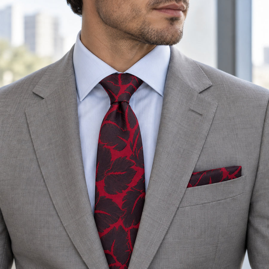 Crimson Leaf Silhouette silk tie and matching pocket square — Stone grey · pale blue shirt