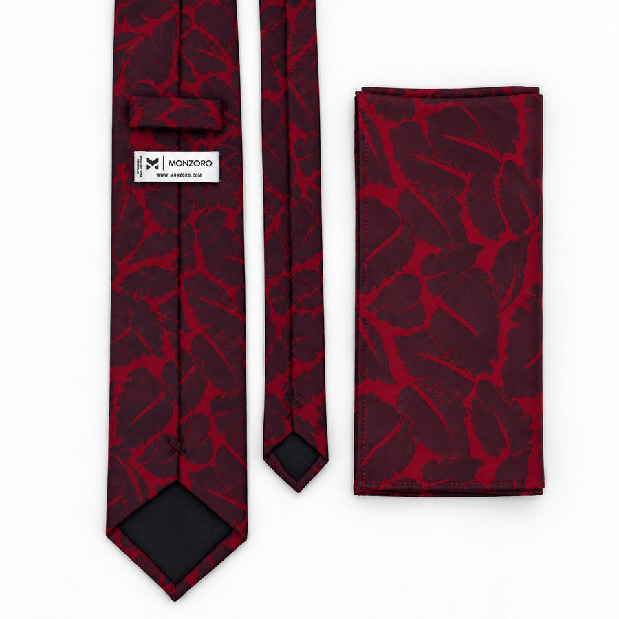 Crimson Leaf Silhouette silk tie and matching pocket square — Rear construction and matching fold