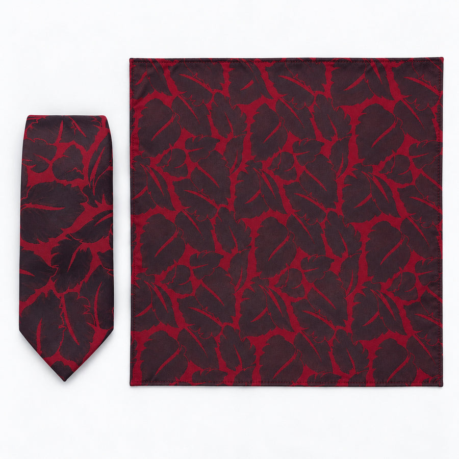Crimson Leaf Silhouette silk tie and matching pocket square — Full square · overhead pair