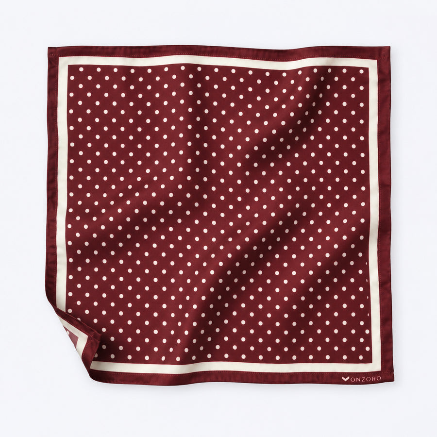 Dark Maroon with White Polka Dots pocket square — unfolded studio detail.