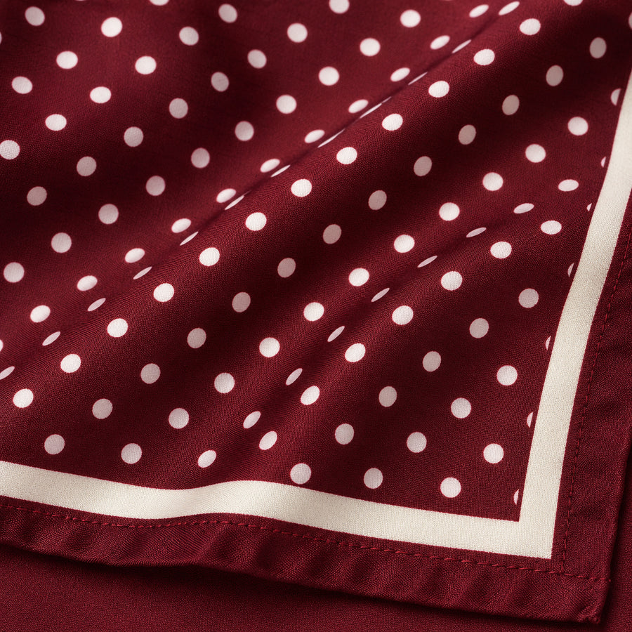 Dark Maroon with White Polka Dots pocket square — fabric and design close-up.