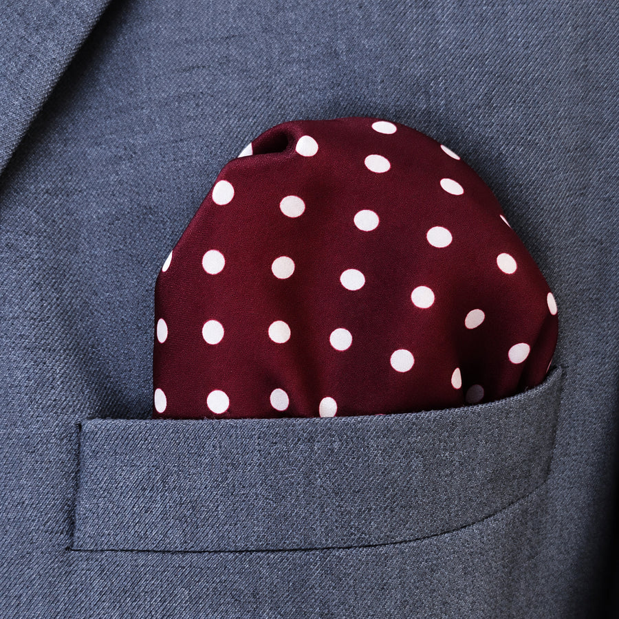 Dark Maroon with White Polka Dots pocket square — close-up wearing detail.