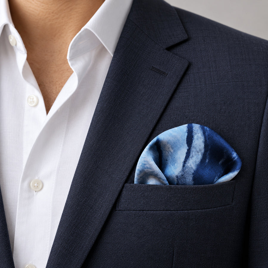 Deep Blue Ocean pocket square — navy jacket · wearing detail.