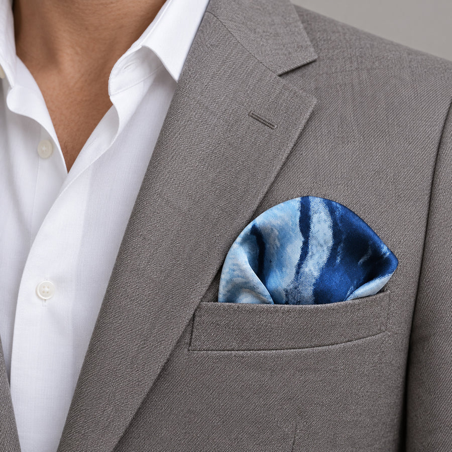 Deep Blue Ocean pocket square — light jacket · wearing detail.