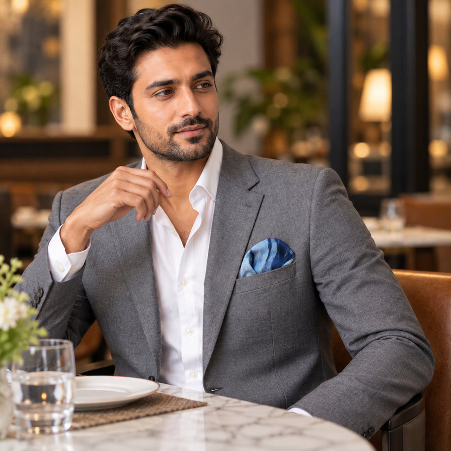 Deep Blue Ocean pocket square — restaurant lifestyle.