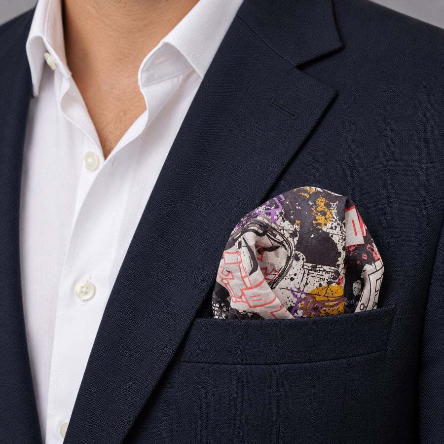 Doodle Do pocket square — navy jacket · wearing detail.