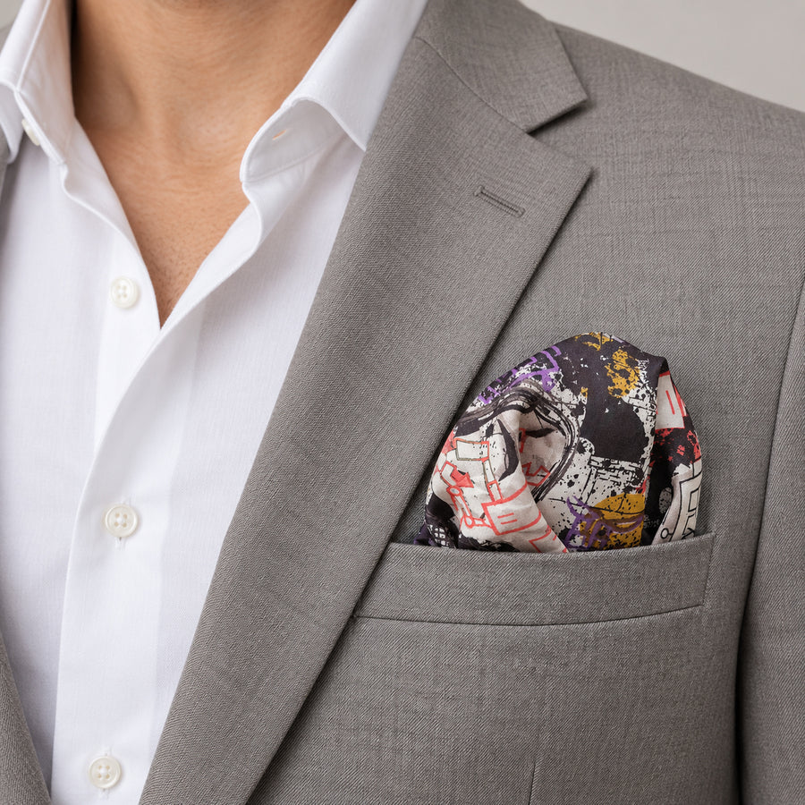 Doodle Do pocket square — light jacket · wearing detail.