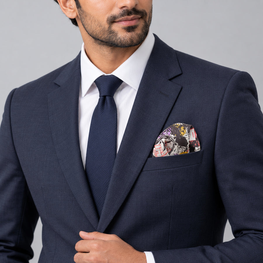 Doodle Do pocket square — formal model · navy and tie.