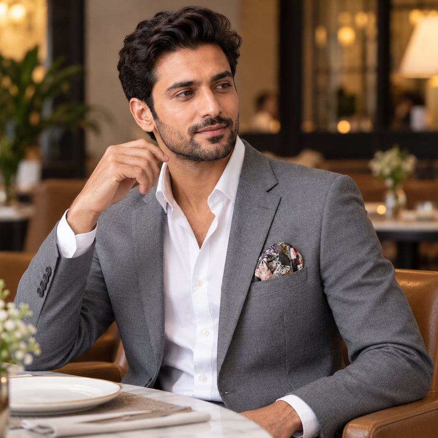 Doodle Do pocket square — restaurant lifestyle.