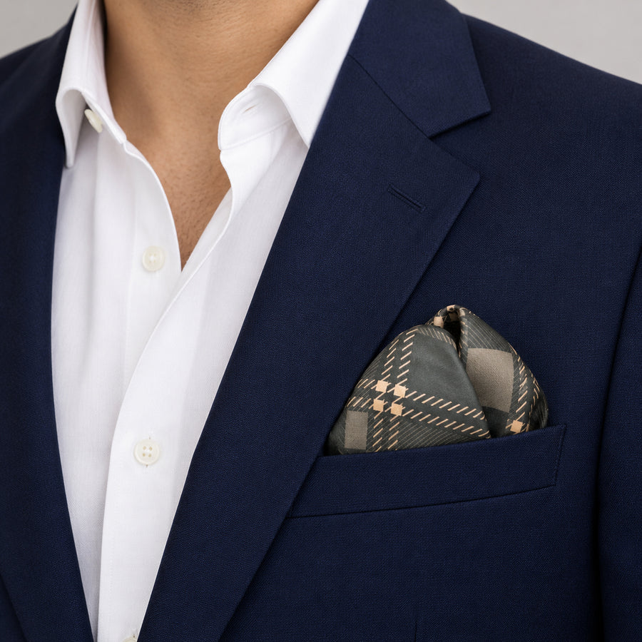 Dusty Grey Tartan Checks pocket square — navy jacket · wearing detail.