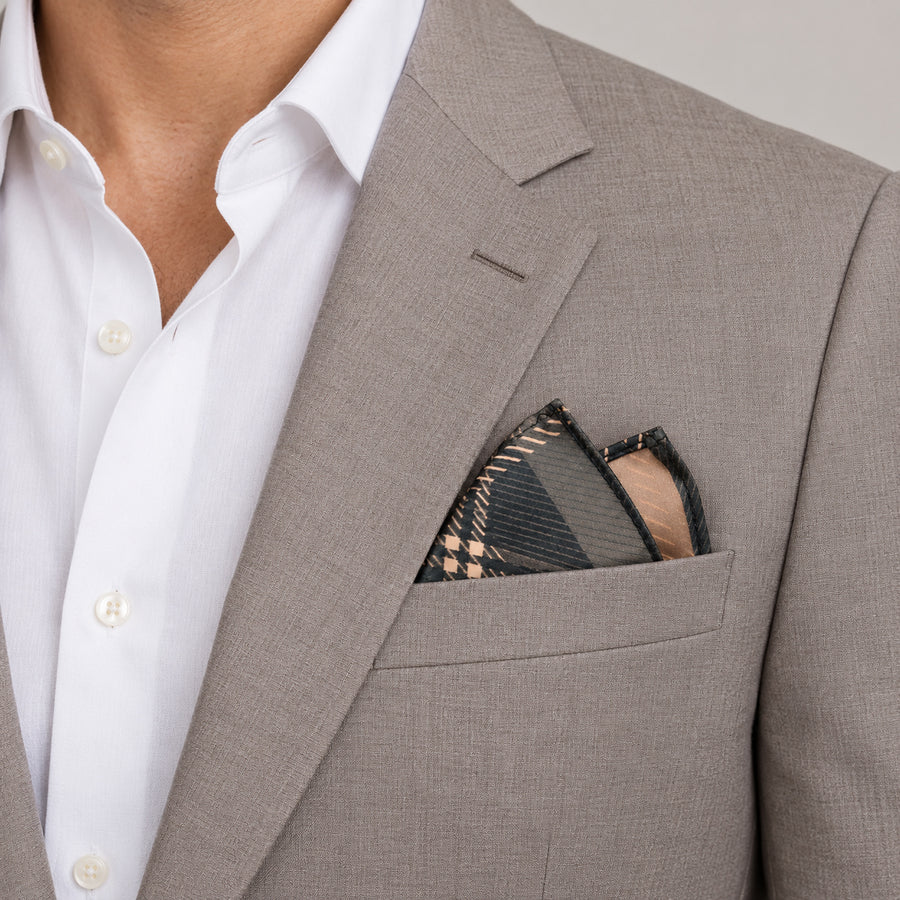 Dusty Grey Tartan Checks pocket square — light jacket · wearing detail.