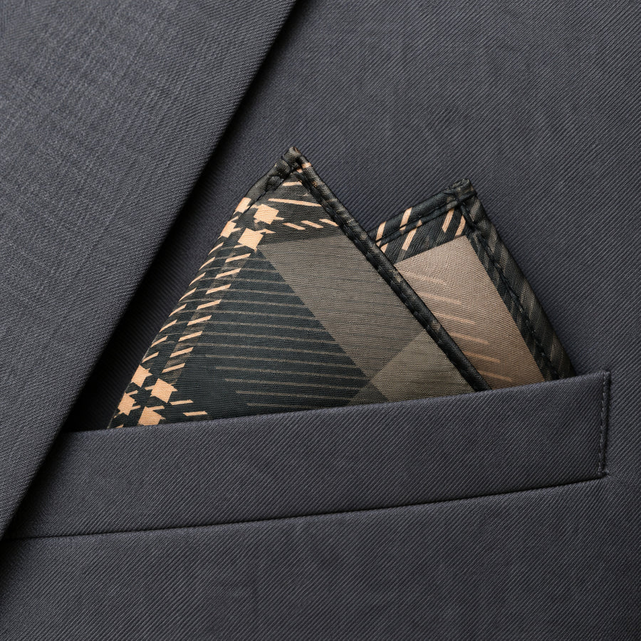 Dusty Grey Tartan Checks pocket square — close-up wearing detail.