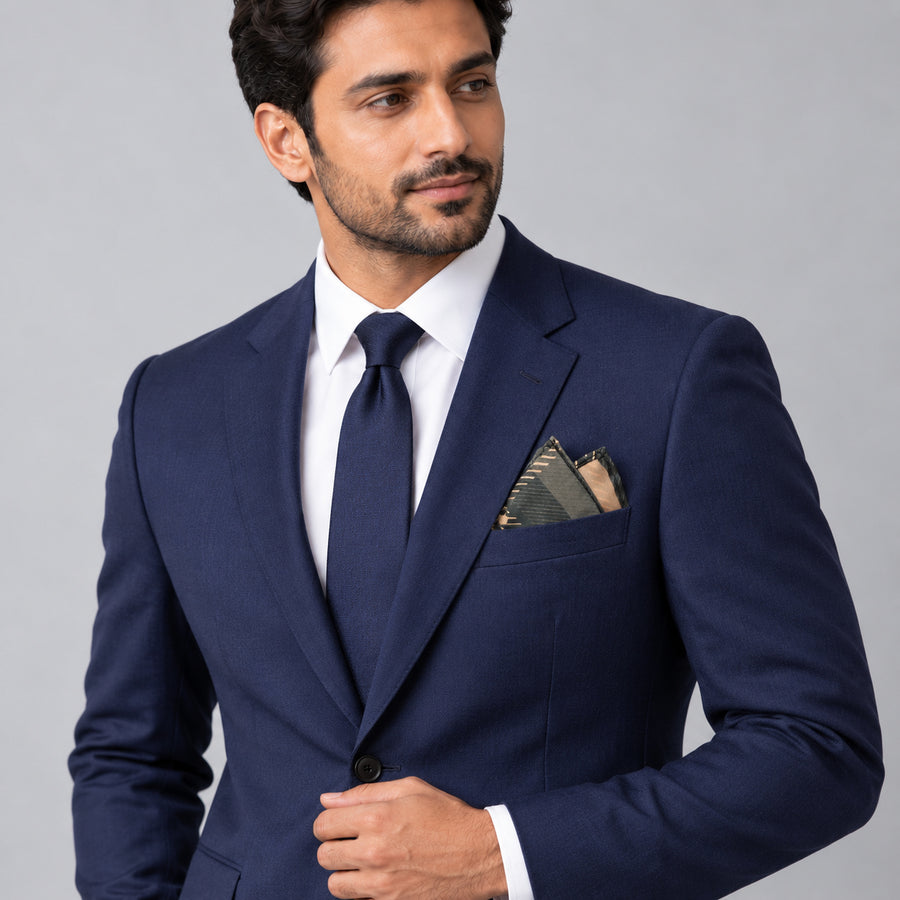 Dusty Grey Tartan Checks pocket square — formal model · navy and tie.