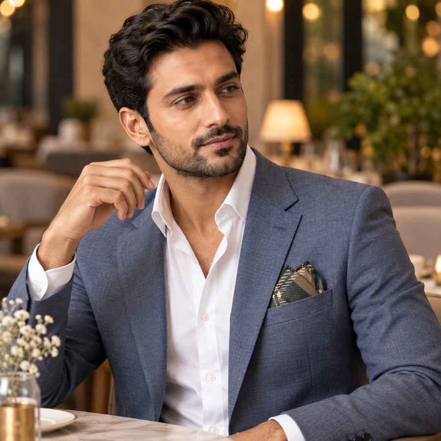 Dusty Grey Tartan Checks pocket square — restaurant lifestyle.