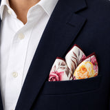 Elegant Seamless Floral Pattern pocket square — navy jacket · alternate fold.