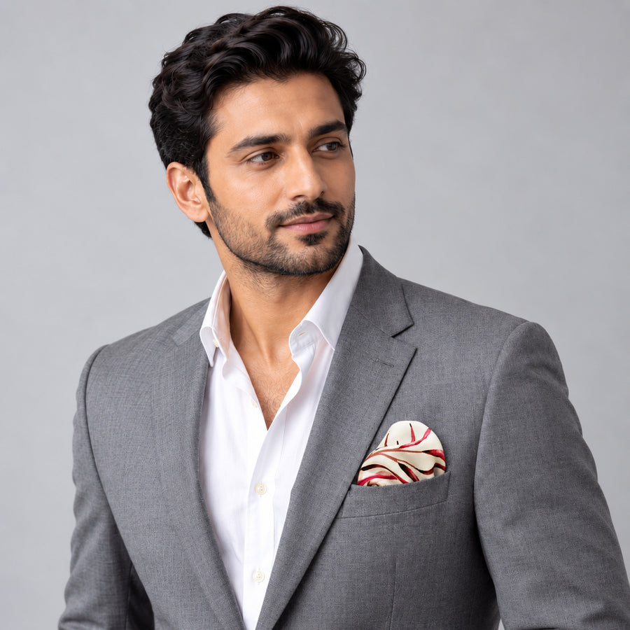 Elegant Seamless Floral Pattern pocket square — model · light grey and open collar.