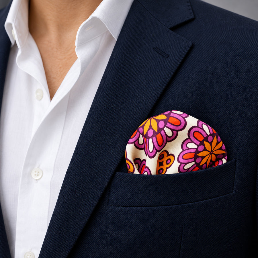 Ethnic Vector Pattern pocket square — navy jacket · wearing detail.