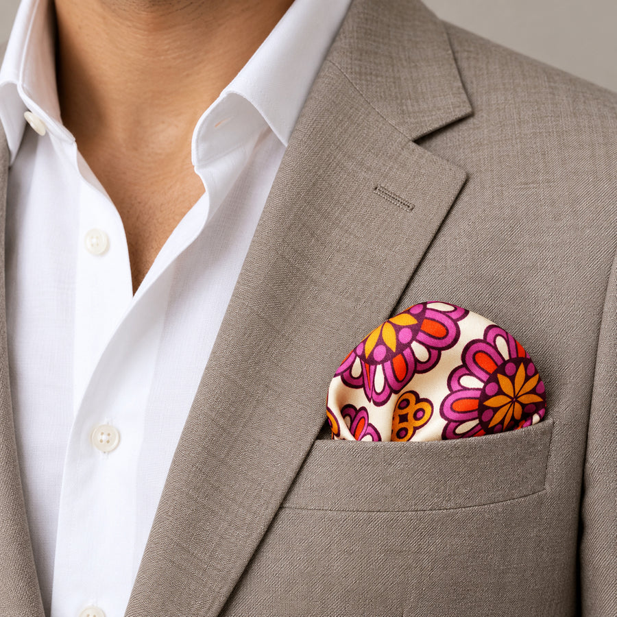 Ethnic Vector Pattern pocket square — light jacket · wearing detail.