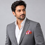 Ethnic Vector Pattern pocket square — model · light grey and open collar.