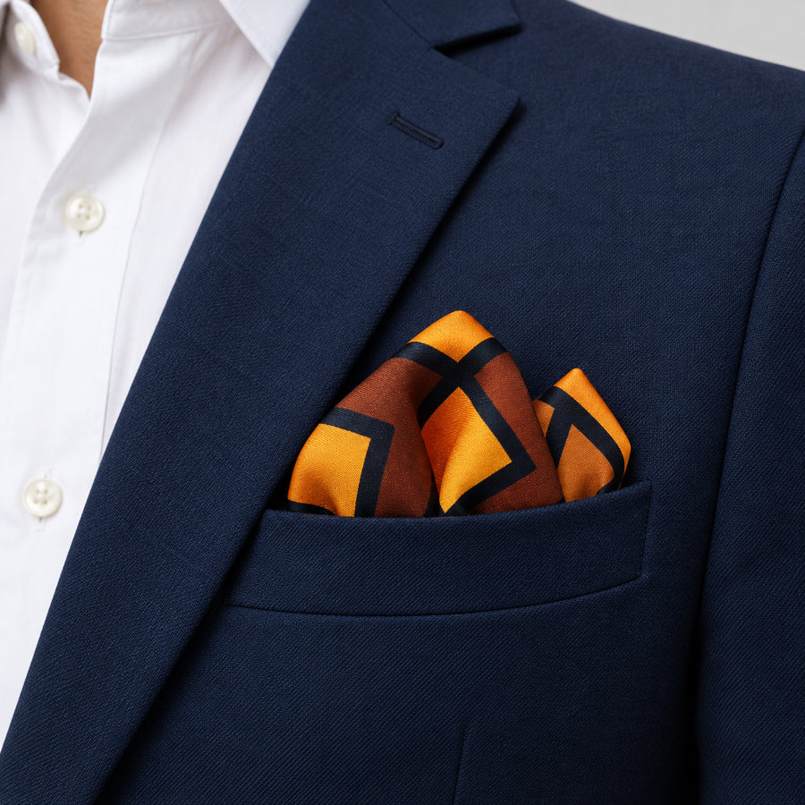 Fashion Geometric Pattern pocket square — navy jacket · alternate fold.