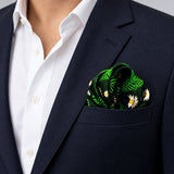 Green Floret pocket square — navy jacket · wearing detail.