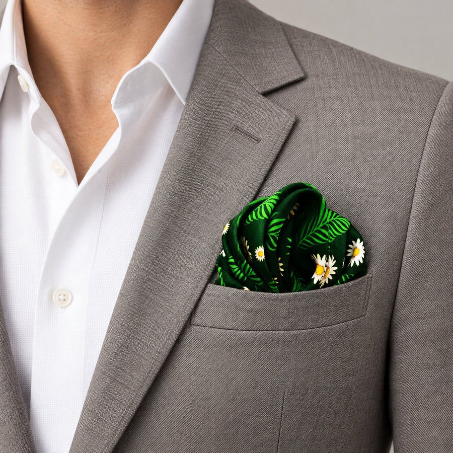 Green Floret pocket square — light jacket · wearing detail.