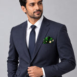 Green Floret pocket square — formal model · navy and tie.