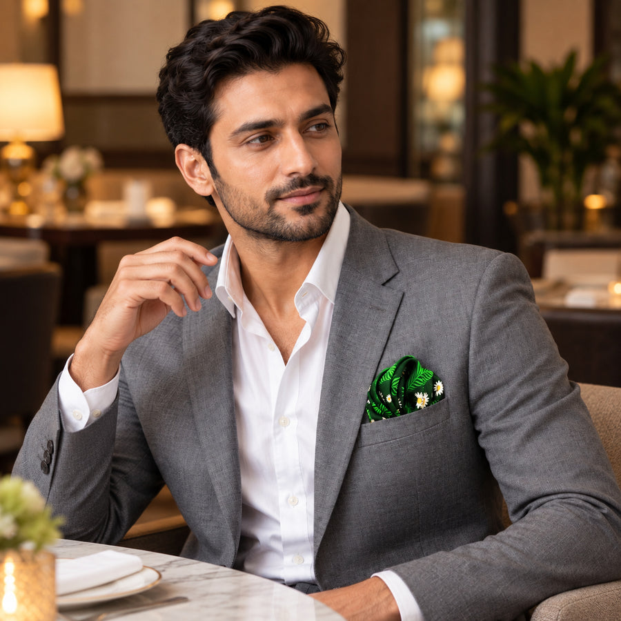 Green Floret pocket square — restaurant lifestyle.