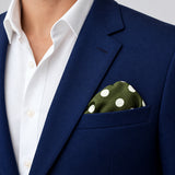 Forest Polka Dots pocket square — navy jacket · wearing detail.
