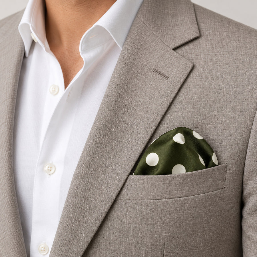 Forest Polka Dots pocket square — light jacket · wearing detail.