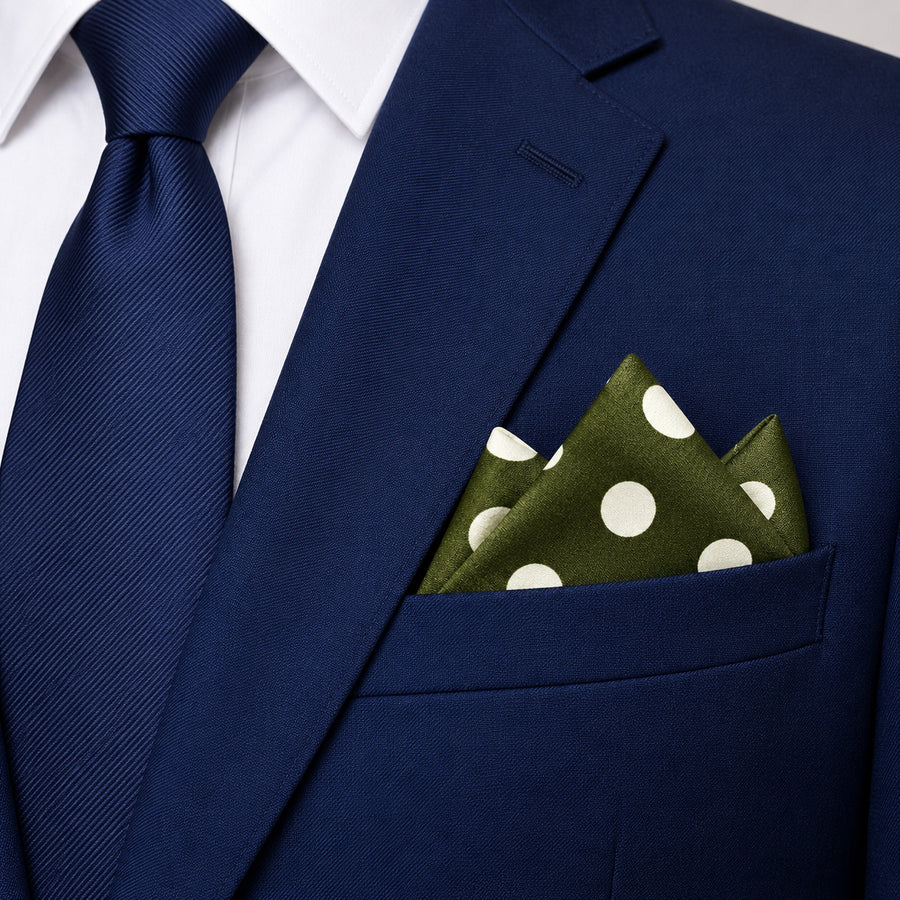 Forest Polka Dots pocket square — navy jacket · alternate fold.