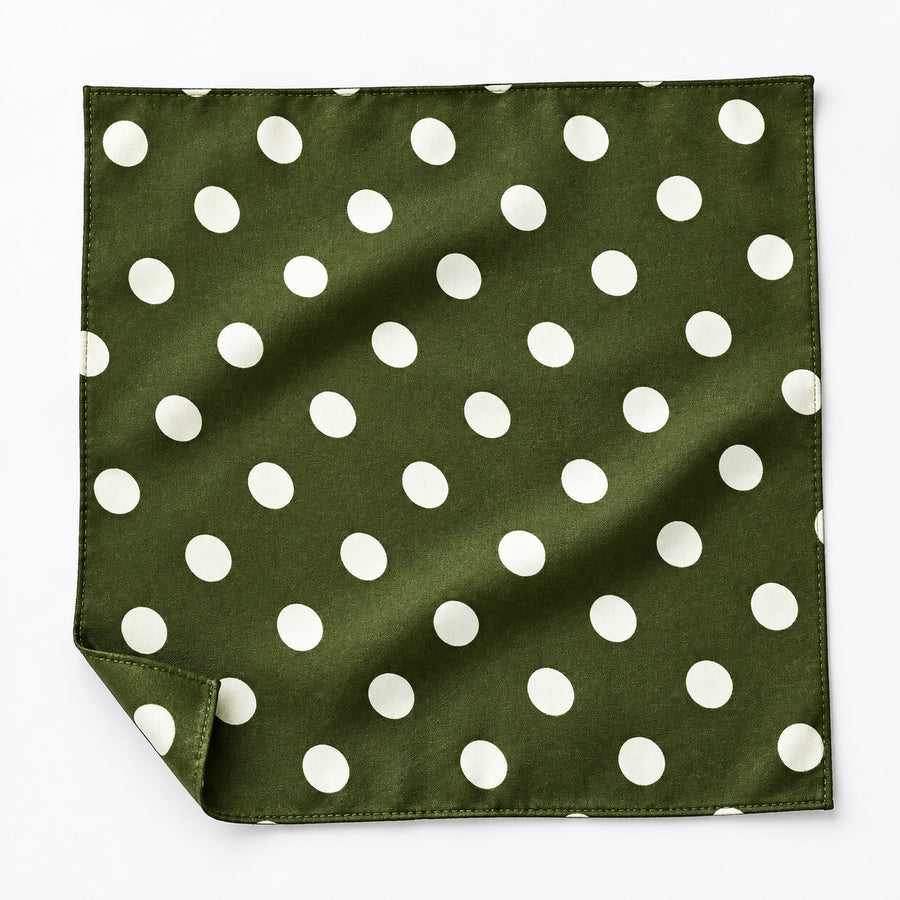 Forest Polka Dots pocket square — unfolded studio detail.