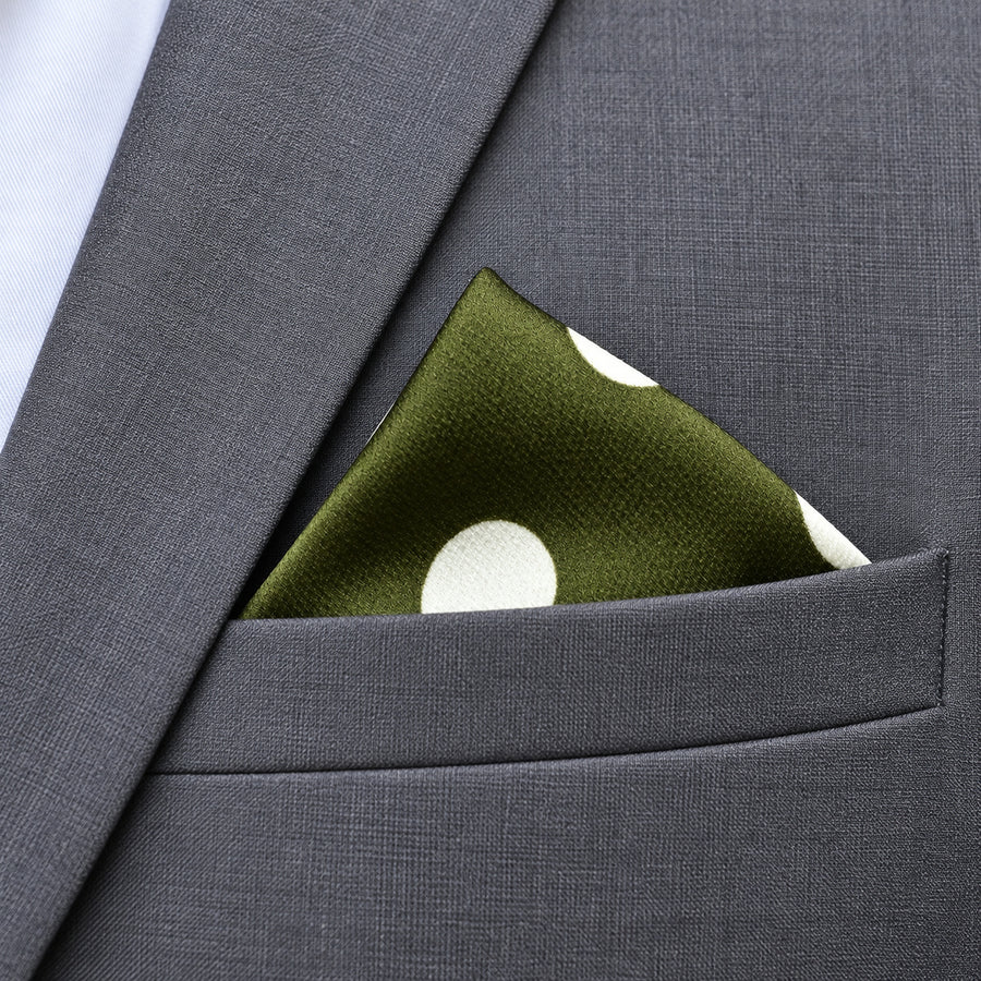 Forest Polka Dots pocket square — close-up wearing detail.