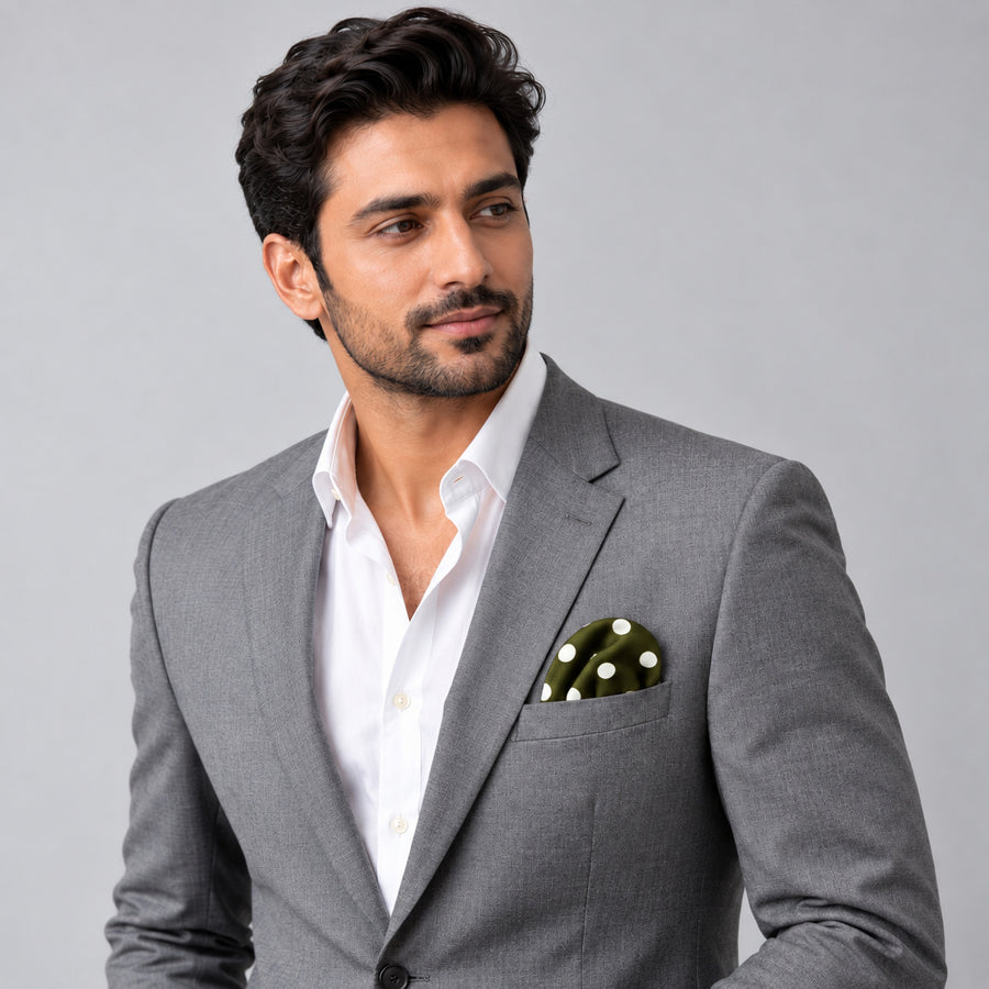 Forest Polka Dots pocket square — model · light grey and open collar.
