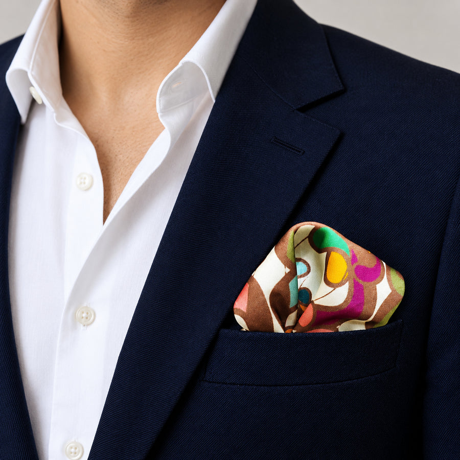 Foulard Pattern pocket square — navy jacket · wearing detail.