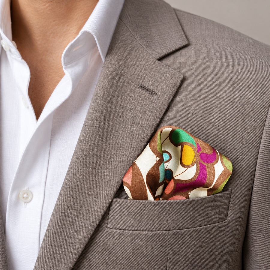 Foulard Pattern pocket square — light jacket · wearing detail.