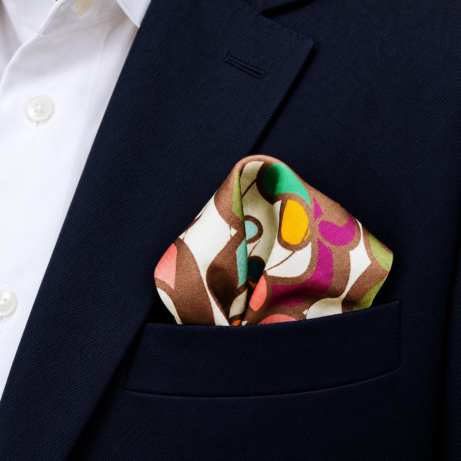 Foulard Pattern pocket square — navy jacket · alternate fold.