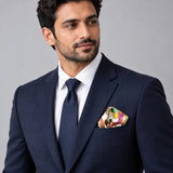 Foulard Pattern pocket square — formal model · navy and tie.