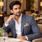 Foulard Pattern pocket square — restaurant lifestyle.