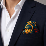 Garden of Eve pocket square — navy jacket · wearing detail.