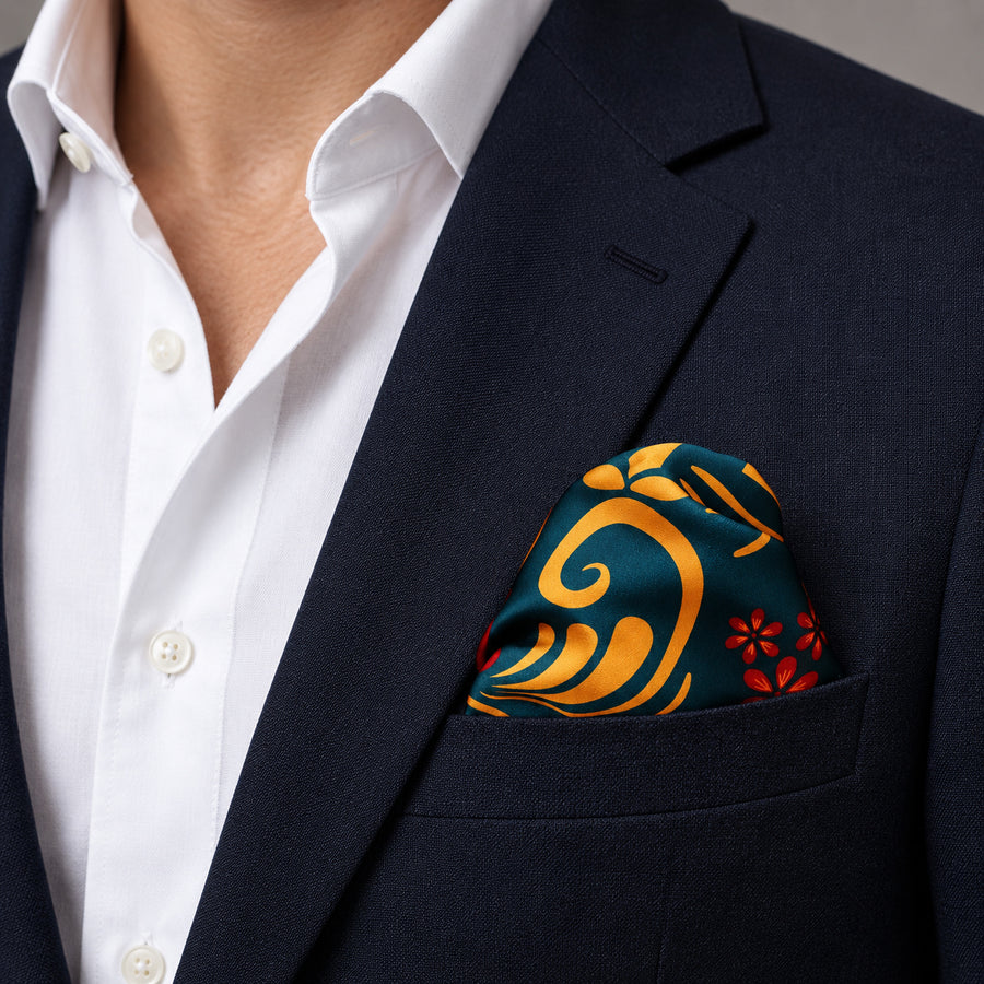 Garden of Eve pocket square — navy jacket · wearing detail.