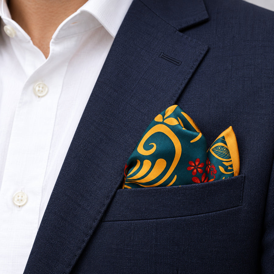Garden of Eve pocket square — navy jacket · alternate fold.