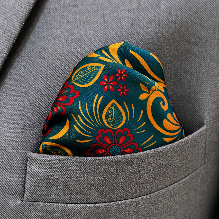 Garden of Eve pocket square — close-up wearing detail.