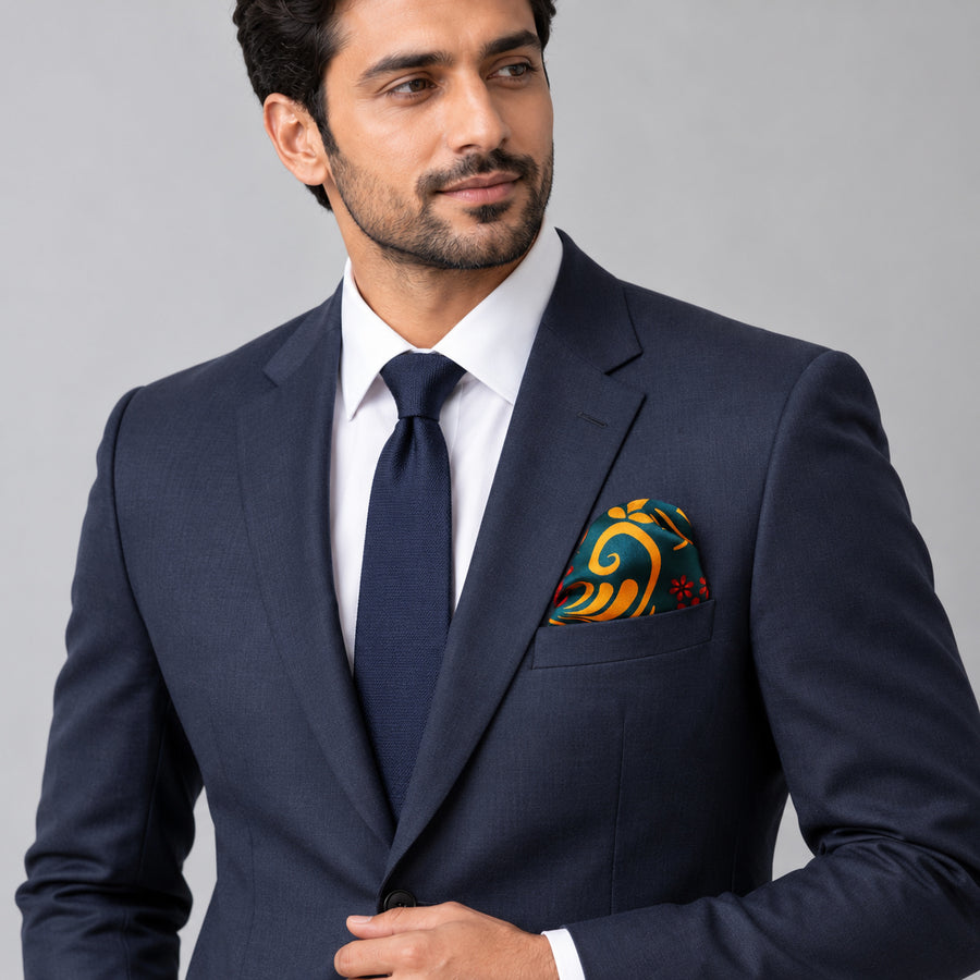 Garden of Eve pocket square — formal model · navy and tie.