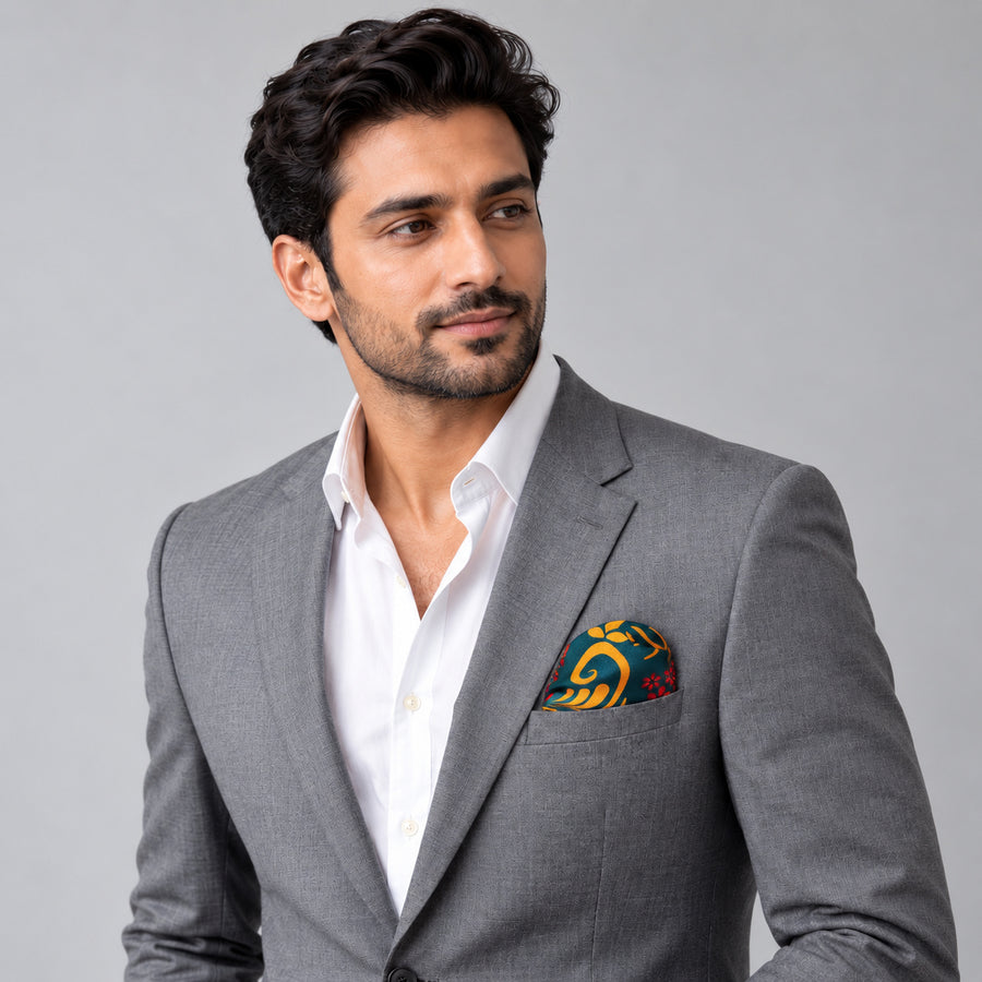 Garden of Eve pocket square — model · light grey and open collar.