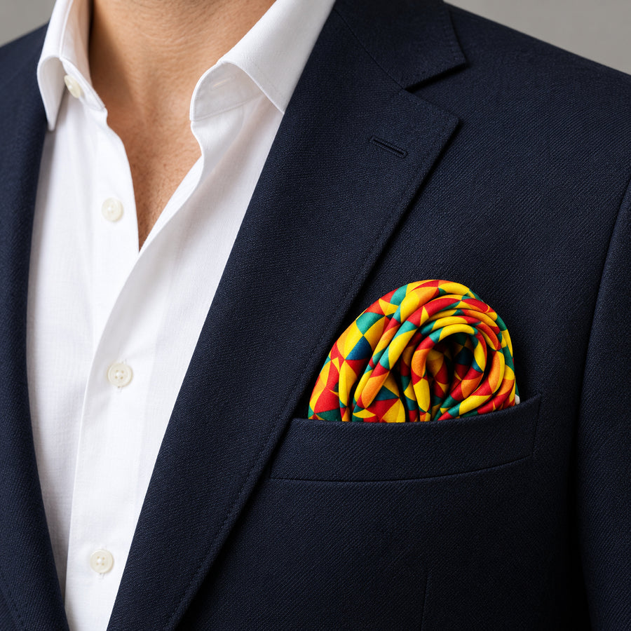 Geometric Art pocket square — navy jacket · wearing detail.