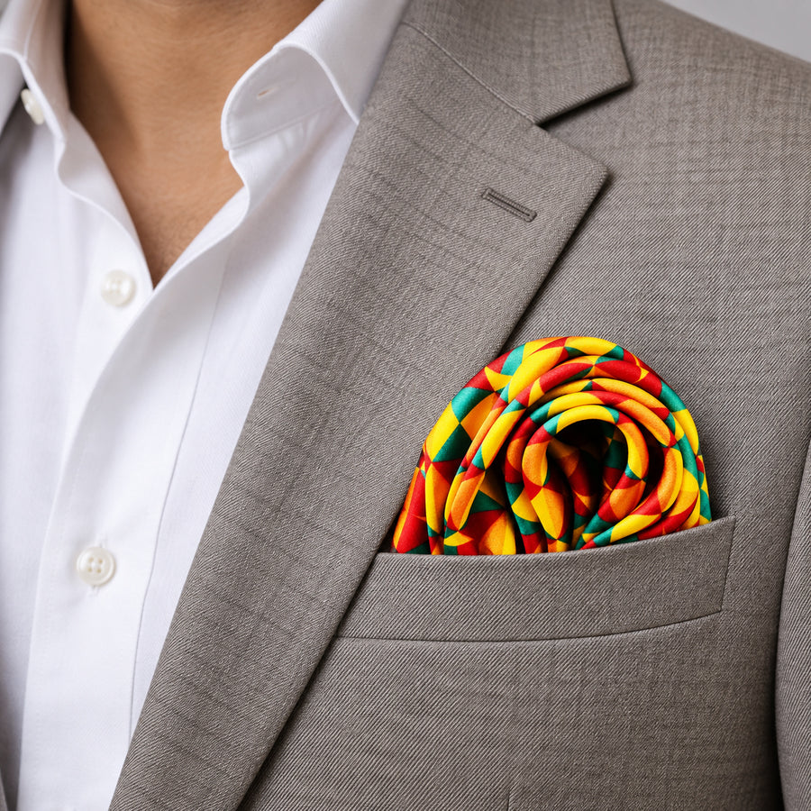 Geometric Art pocket square — light jacket · wearing detail.