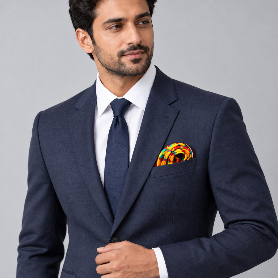 Geometric Art pocket square — formal model · navy and tie.