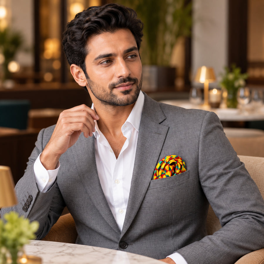 Geometric Art pocket square — restaurant lifestyle.