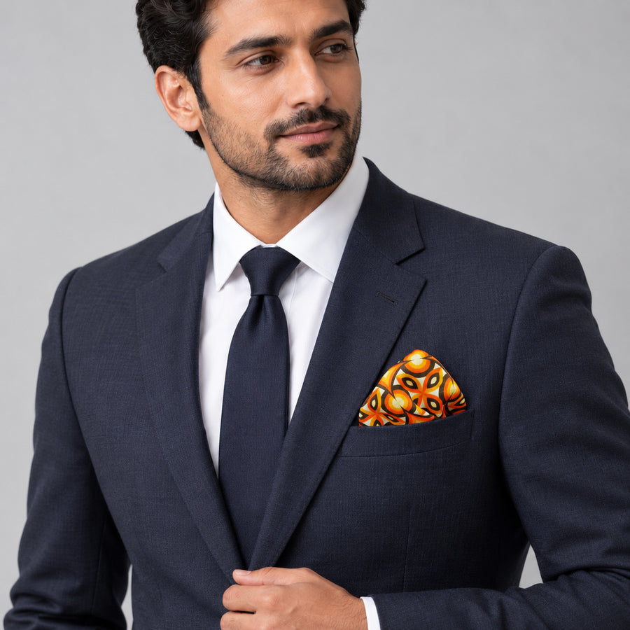 Geometric Repeat Pattern pocket square — formal model · navy and tie.